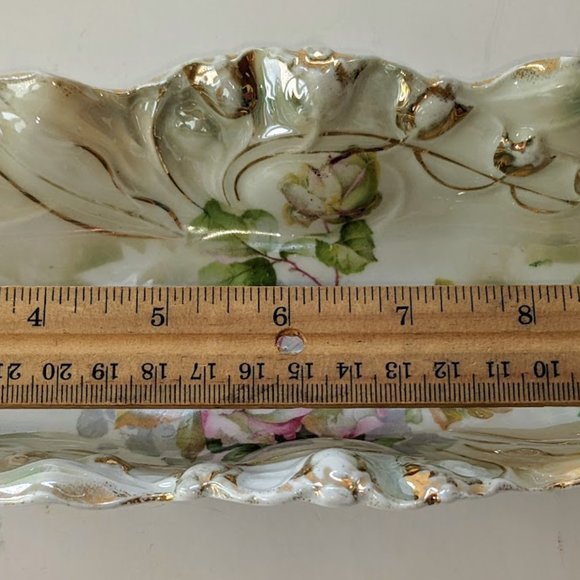 Gold Trimmed Porcelain Oval Dish Scalloped Edge 12" Made in Germany 1945 Roses - Picture 7 of 7